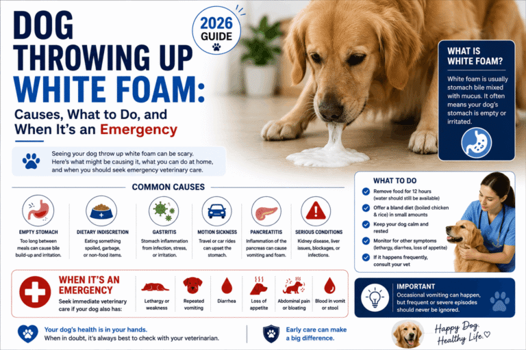 Dog Throwing Up White Foam Causes, What to Do, and When It's an Emergency (2026) Finding your dog throwing up white foam can be alarming, and it is one of the most common reasons pet owners call the vet. In most cases, white foam is simply a mix of stomach acid, saliva, and air that appears when a dog's stomach is empty, often harmless and self-resolving. But the same symptom can also be an early warning sign of a life-threatening emergency such as bloat or poisoning. This guide, grounded in veterinary guidance, explains what white foam vomit means, the common and serious causes, and most importantly exactly when to seek urgent care. What Does It Mean When a Dog Throws Up White Foam When a dog throws up white foam, the foam is usually saliva and gastric (stomach) juices from the upper digestive tract. It looks foamy or bubbly because stomach acid mixes with saliva and swallowed air. This most often happens when the stomach is empty, which is why many dogs bring up white foam in the early morning or late at night. One important distinction true vomiting brings material up from the stomach, while coughing up white foam can be a respiratory issue, such as kennel cough a different problem entirely. If your dog is honking, hacking, or bringing up foam while coughing rather than heaving, mention that to your vet, as it changes the likely cause. Common Causes of a Dog Throwing Up White Foam Many cases are mild, especially if your dog is otherwise acting normally. Common, usually less-serious causes include Empty stomach (bilious vomiting syndrome) When a dog goes too long without eating, bile can build up and irritate the stomach lining, producing white or yellow foam typically in the morning or overnight. Acid reflux Excess stomach acid can cause foamy vomit and nausea. Dietary upset or indigestion Eating fatty foods, spoiled leftovers, or a sudden diet change can upset the stomach. Eating grass or non-food items These can irritate the stomach lining and trigger foamy vomiting. Stress, excitement, or motion sickness Anxiety and car rides can cause some dogs to bring up foam. A single episode in a dog that is eating, drinking, and behaving normally is usually not a cause for panic, but it should still be monitored. Serious Causes That Need Urgent Care The same symptom can signal a genuine emergency. These causes require immediate veterinary attention Bloat (Gastric Dilatation-Volvulus GDV) One of the most serious emergencies in veterinary medicine. The stomach fills with gas and can twist. Early signs include retching without producing vomit, drooling, a swollen or distended belly, and restlessness. Large, deep-chested breeds such as Great Danes, German Shepherds, Standard Poodles, and Doberman Pinschers are at higher risk, though it can affect any dog. Bloat is fatal without prompt surgery, treat it as a true emergency. Toxin or poison ingestion Chocolate, xylitol, grapes, rodenticides, household cleaners, certain plants, and human medications can all cause foamy vomiting. This needs immediate care. Pancreatitis Inflammation of the pancreas, often triggered by fatty food, causing vomiting, abdominal pain, and lethargy. Gastritis or gastroenteritis Inflammation from infections, parasites, or swallowed foreign substances can cause persistent foamy vomiting. Foreign body obstruction A swallowed object blocking the digestive tract. Parvovirus A serious viral infection, especially dangerous in unvaccinated puppies. Pyometra A life-threatening uterine infection in unspayed females; vomiting can be a sign. Kidney disease or cancer In older dogs with recurrent foamy vomiting, these are worth investigating. When to Call the Vet Contact a veterinarian right away if your dog throwing up white foam also shows any of these warning signs Vomiting three or more times in 24 hours, or repeated heaving A swollen, bloated, or painful abdomen Retching or gagging without bringing anything up Weakness, collapse, or pale gums Difficulty breathing Blood in the vomit Lethargy, refusing food or water, or signs of pain Suspected ingestion of a toxin or foreign object The dog is a puppy, a senior, or has an existing health condition When in doubt, call. Puppies, seniors, and dogs with chronic conditions should be seen sooner rather than later, because they can decline quickly. What to Do at Home for Mild Cases If your dog has vomited white foam only once and is otherwise bright, alert, and acting normal, veterinary sources suggest a cautious approach Monitor closely for the next 2–3 hours and throughout the day for any repeat vomiting or other symptoms. Withholding food briefly many vets suggest resting the stomach for about 6–12 hours while always keeping fresh water available to prevent dehydration. Reintroduce a bland diet such as boiled, plain chicken and plain white rice in small amounts once vomiting has stopped. Do not give human medications unless your veterinarian has specifically prescribed them. If vomiting returns, worsens, or is joined by any of the warning signs above, stop home care and contact your vet immediately. How to Help Prevent It A few habits can reduce the odds of an empty-stomach or diet-related episode Feed smaller, more frequent meals so the stomach is not empty for long stretches, which helps dogs prone to bilious vomiting. Avoid sudden diet changes and transition foods gradually over 7-10 days. Keep toxins out of reach, secure medications, cleaners, and dangerous foods like chocolate, grapes, and xylitol. Discourage grass and garbage eating on walks and at home. Reduce bloat risk in at-risk breeds by avoiding heavy exercise right after eating and asking your vet about feeding strategies. Frequently Asked Questions Why is my dog throwing up white foam Most often it is stomach acid and saliva brought up on an empty stomach, from acid reflux, or from minor indigestion. However, it can also signal serious problems like bloat, poisoning, or pancreatitis, so watch for other symptoms. Is a dog throwing up white foam an emergency It can be. A single episode in a dog acting normally is usually not urgent. But it is an emergency if it is repeated or paired with a swollen belly, unproductive retching, weakness, pale gums, breathing trouble, or suspected poisoning. What should I do if my dog throws up white foam but acts normal Monitor closely, keep fresh water available, briefly rest the stomach, and reintroduce a small bland meal (boiled chicken and rice). Contact your vet if it happens again or other symptoms appear. Can stress cause a dog to vomit white foam Yes. Anxiety, excitement, and motion sickness can trigger foamy vomiting in some dogs. Should I feed my dog after it vomits white foam Wait a few hours, then offer a small, bland meal if the vomiting has stopped and your dog seems comfortable. Never force food. My dog is trying to vomit but nothing comes out. What does that mean Unproductive retching, especially with a swollen belly and restlessness, can be a sign of bloat (GDV), a life-threatening emergency. Seek veterinary care immediately. Is my dog coughing up foam or vomiting Coughing up white foam can point to a respiratory issue like kennel cough, while vomiting brings material up from the stomach. Note which is happening, as it helps your vet find the cause. Final Thoughts A dog throwing up white foam is usually caused by something minor, like an empty stomach or mild indigestion, and often resolves with simple monitoring and a brief bland diet. But because the same symptom can be the first sign of an emergency such as bloat or poisoning, it always deserves a careful look. Watch your dog closely, know the warning signs, and never hesitate to call your veterinarian when something seems off. Acting quickly on the serious signs and staying calm with the mild ones is the best way to protect your dog's health. About the Author The Serlig Pet Care Team creates researched, plain-language pet care guides for everyday owners. Our content is written from hands-on pet-care experience and cross-checked against established veterinary sources. Slug httpsserligblog.comdog-throwing-up-white-foam